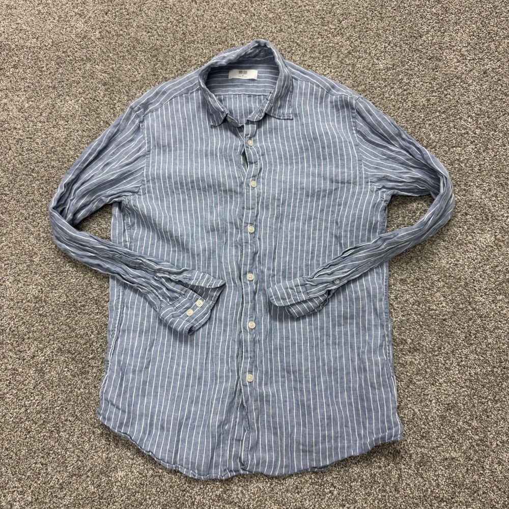 Uniqlo Shirt Mens Medium Blue Stripe Long Sleeve Button Up Lightweight Casual